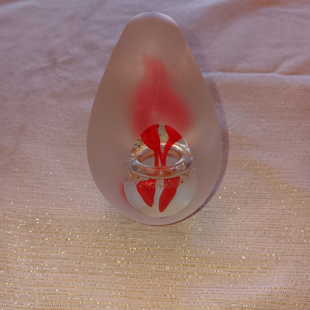 Murano style frosted glass teardrop Floating Red Rose Flames Fire Paper Weight